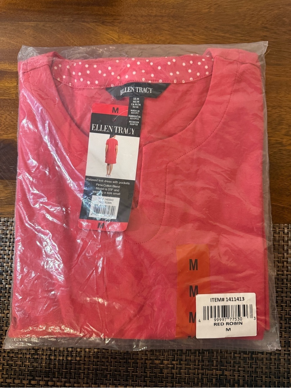 Ellen Tracy Red Robin Pima Cotton Knit Dress Pockets NWT M